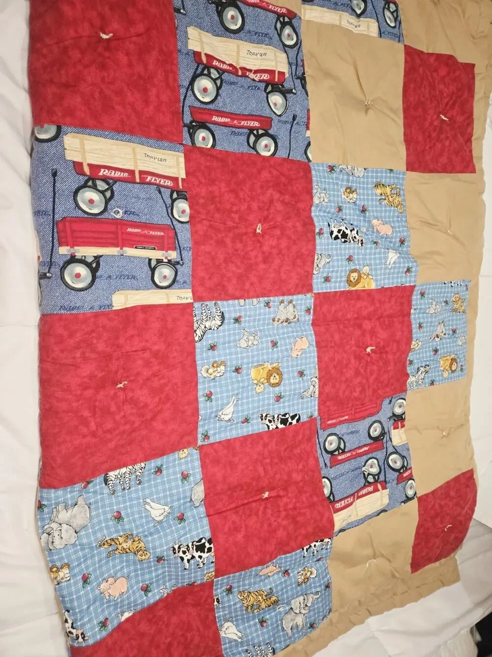 Vtg Handmade Nostalgic Radio Flyer Red Wabon Quilted Cotton Blanquet Comforter